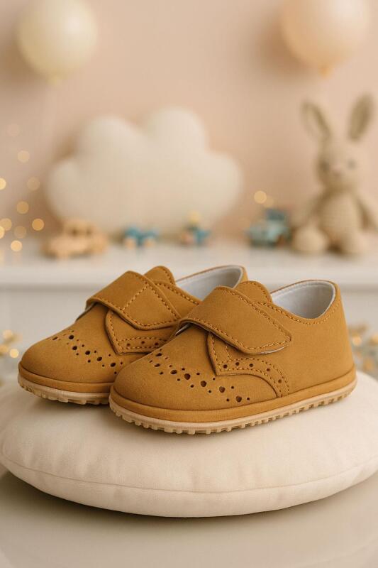 Genuine Leather Tan Velcro Baby Bootie Shoes - hapshoe kids