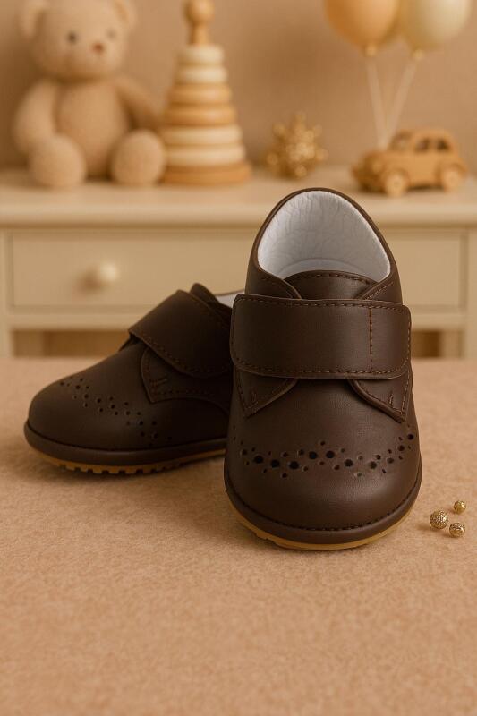 Genuine Leather Brown Velcro Baby Bootie Shoes - hapshoe kids