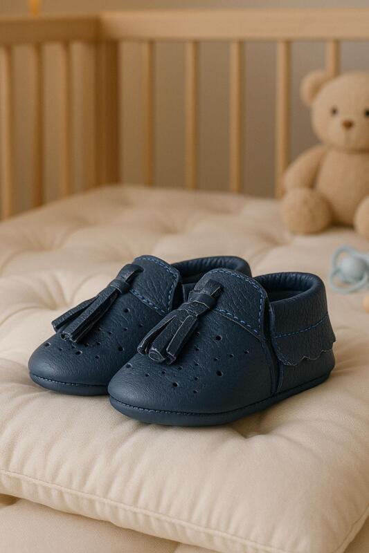 Peppa Genuine Leather Navy Blue Tasseled Elasticated Baby Booties - hapshoe kids