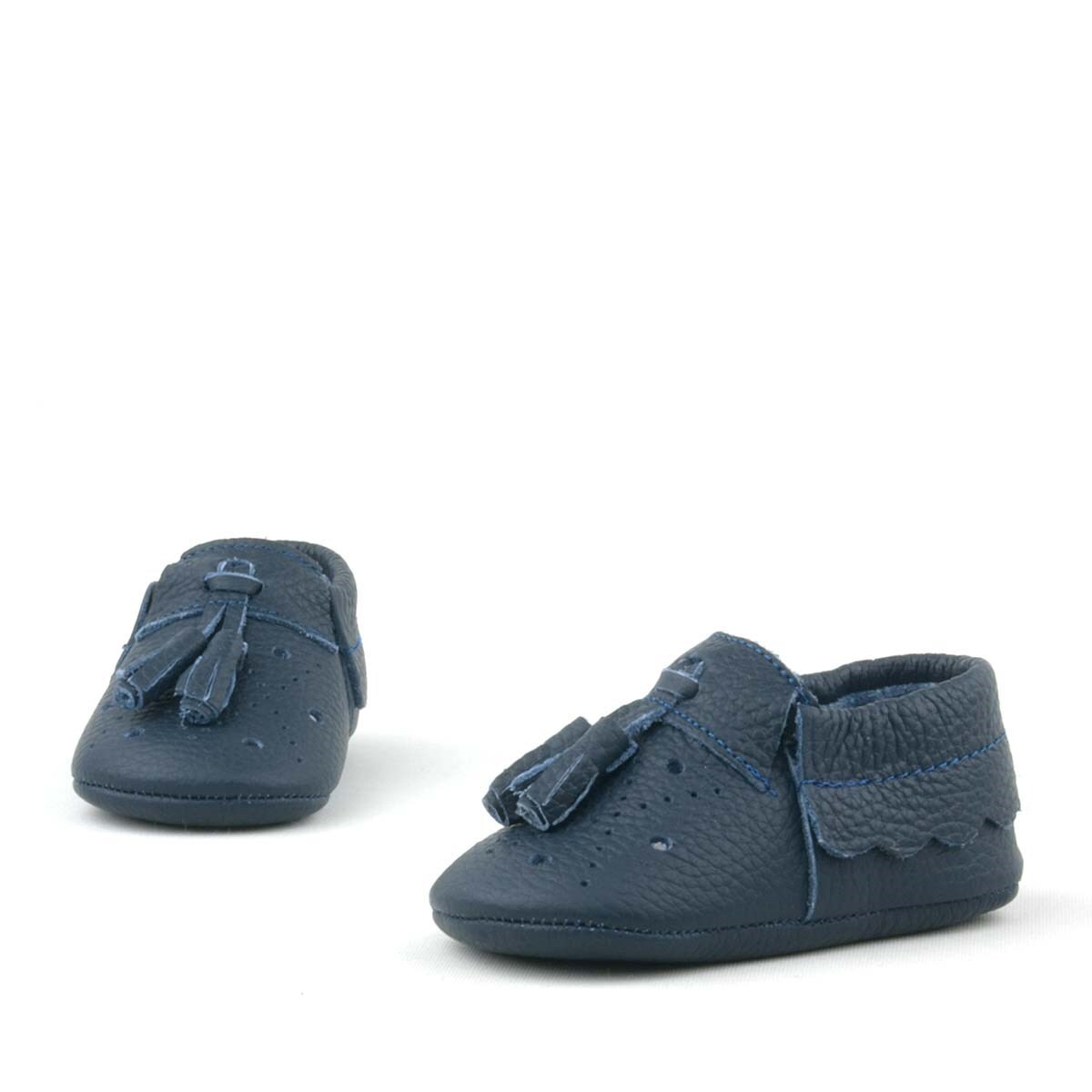 Peppa Hakiki Deri Lacivert Püsküllü Lastikli Bebek Patik - 5