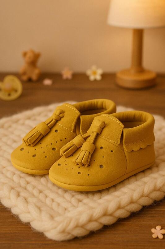 Peppa Genuine Leather Yellow Tasseled Elastic Baby Booties - hapshoe kids