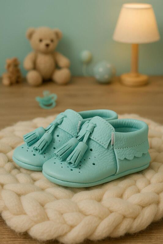 Peppa Genuine Leather Green Tasseled Elastic Baby Booties - hapshoe kids