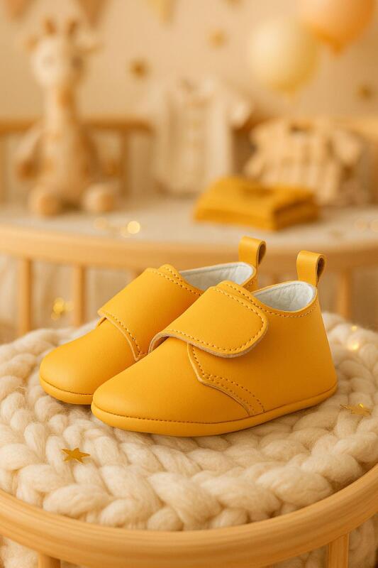 Booba Genuine Leather Yellow Velcro Baby Booties - hapshoe kids