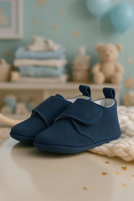 Booba Genuine Leather Navy Blue Velcro Baby Booties - hapshoe kids