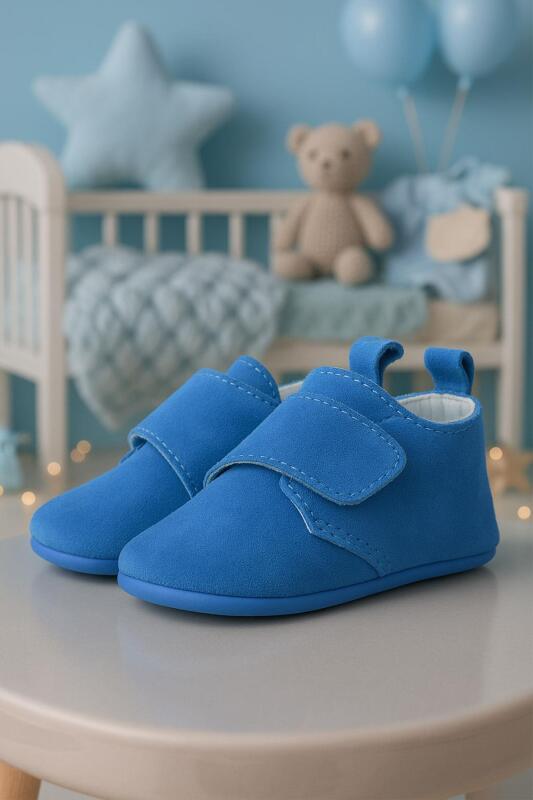 Booba Genuine Leather Blue Velcro Baby Booties - hapshoe kids