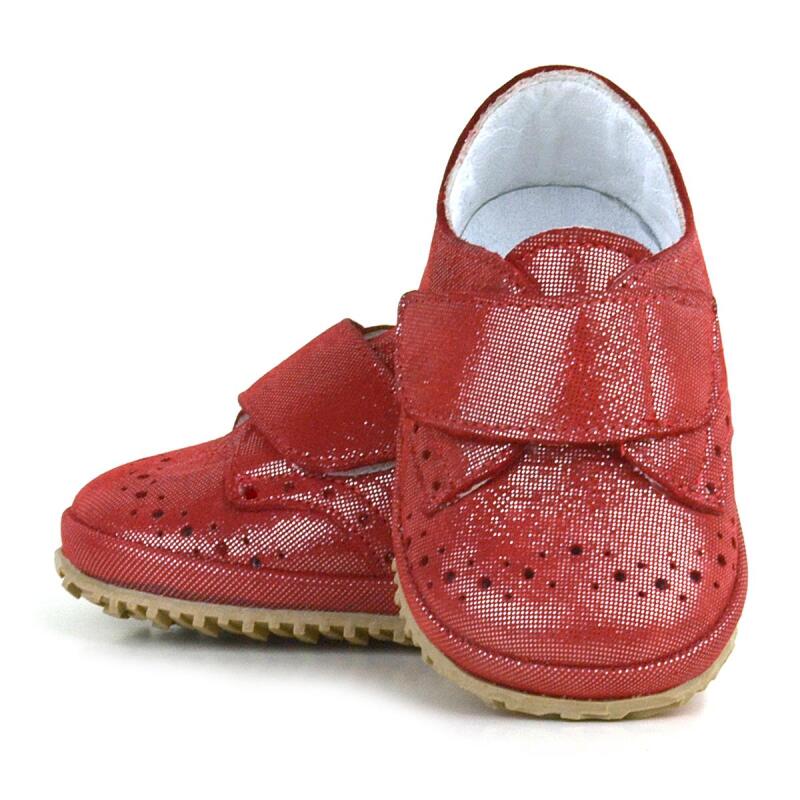 Hakiki Deri Kırmızı Simli Cırtlı Bebek Patik Ayakkabı - 6