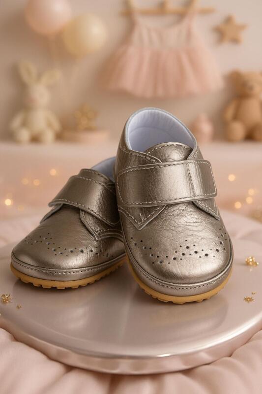 Genuine Leather Platinum Glitter Velcro Baby Bootie Shoes - hapshoe kids