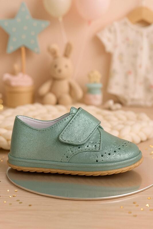 Genuine Leather Green Glitter Velcro Baby Bootie Shoes - hapshoe kids