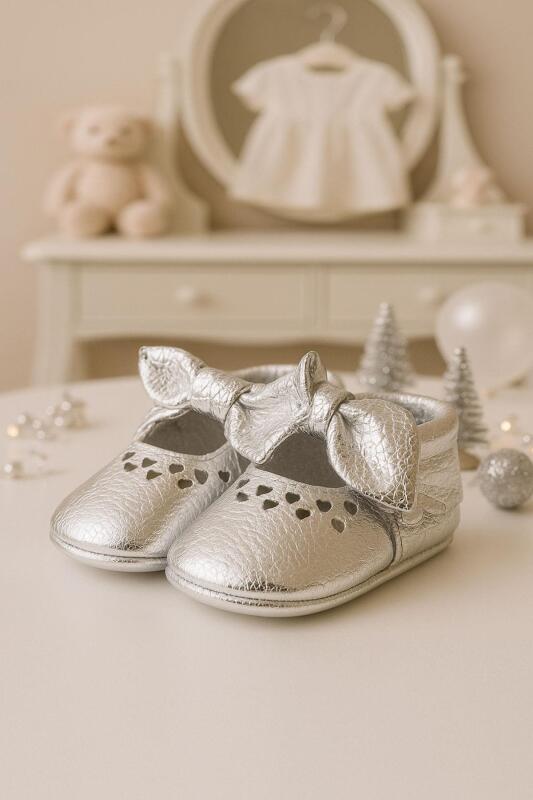 Coco Genuine Leather Baby Booties with Silver Bow and Elastic - hapshoe kids