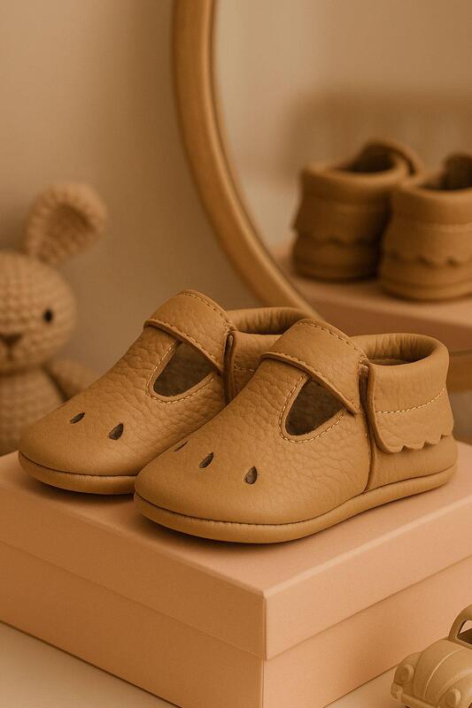 Bubbles Genuine Leather Brown Elastic Baby Booties - hapshoe kids