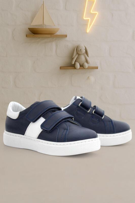 Genuine Leather Navy Blue and White Velcro Boys' Athletic Shoes - hapshoe kids