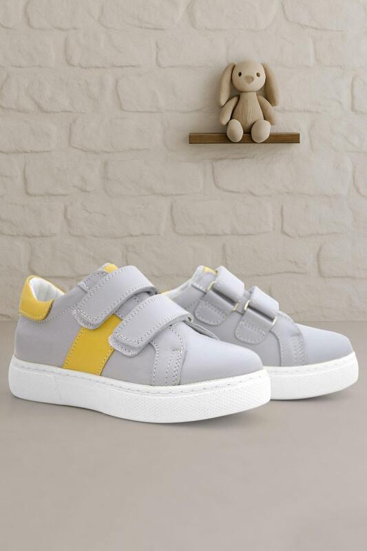 Genuine Leather Grey Yellow Velcro Kids' Athletic Shoes - hapshoe kids