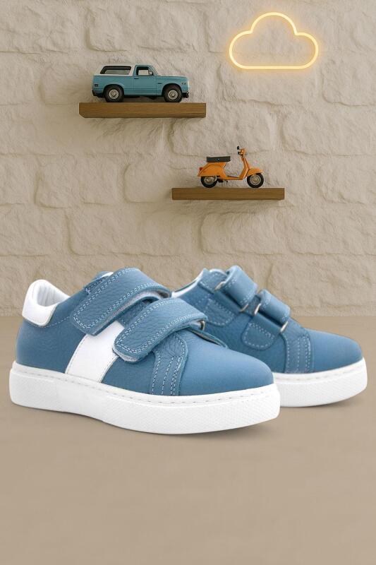 Genuine Leather Blue and White Velcro Kids' Athletic Shoes - hapshoe kids