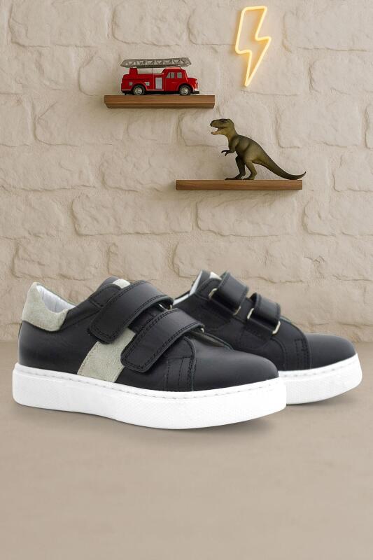Genuine Leather Black Grey Velcro Kids' Athletic Shoes - hapshoe kids