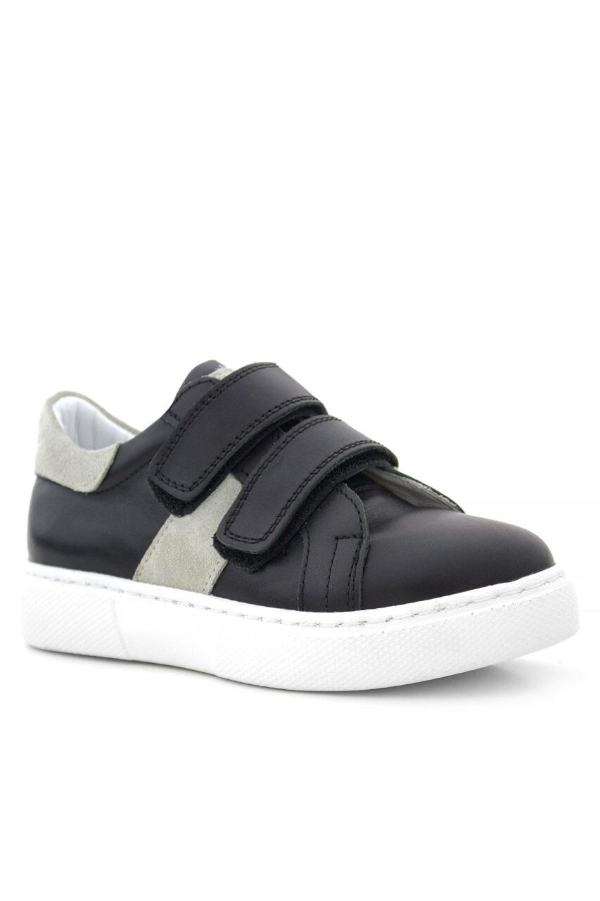 حذاء رياضي للأطفال مصنوع من الجلد الطبيعي باللون الأسود والرمادي مع شريط فيلكرو - 2