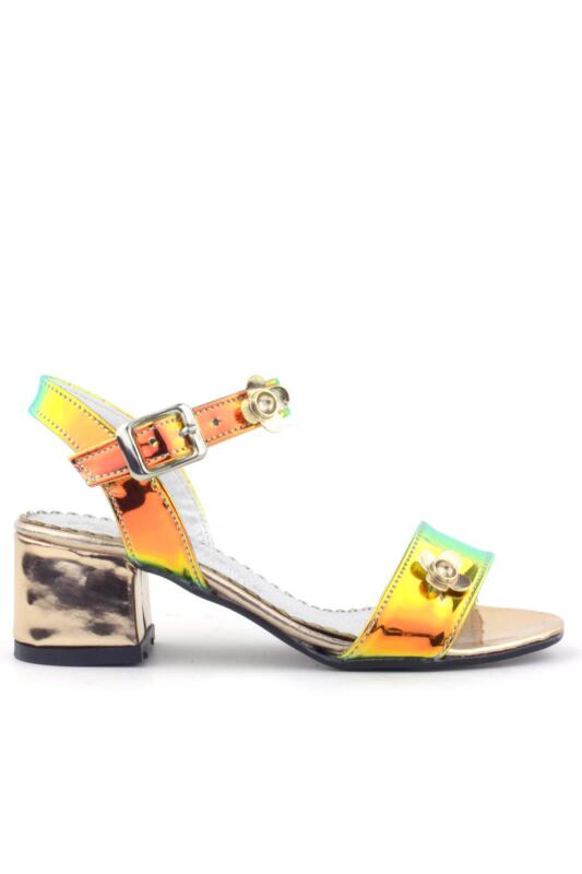 Pony Hologram Bakır Yeşil Kalın Topuklu Çiçek Detaylı Kız Çocuk Abiye Ayakkabı - 2