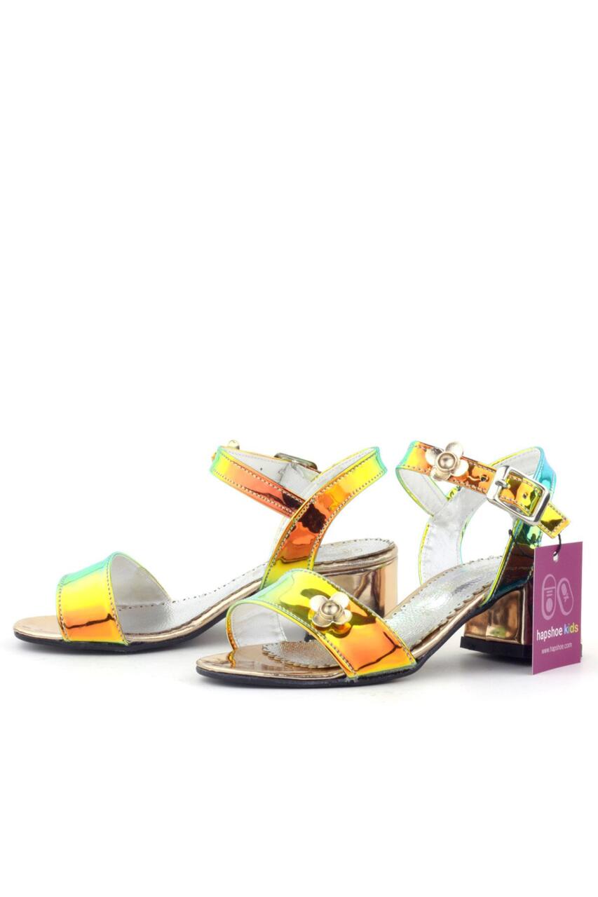 Pony Hologram Bakır Yeşil Kalın Topuklu Çiçek Detaylı Kız Çocuk Abiye Ayakkabı - 4