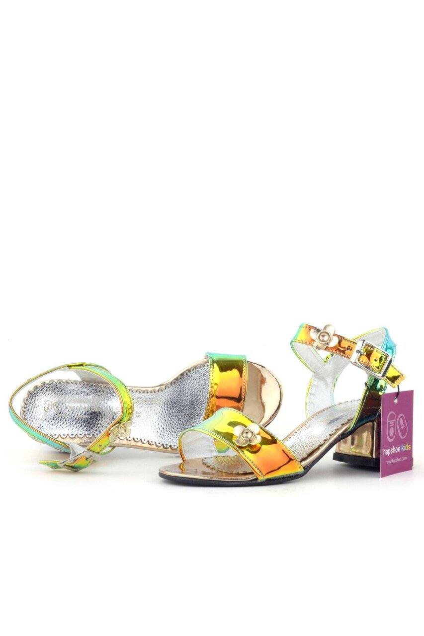 Pony Hologram Bakır Yeşil Kalın Topuklu Çiçek Detaylı Kız Çocuk Abiye Ayakkabı - 6