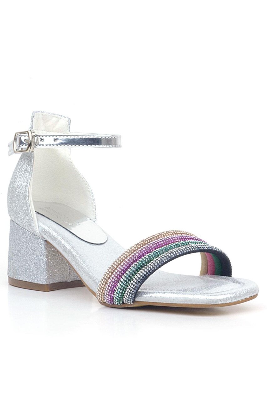 حذاء سهرة بناتي بكعب عالٍ مرصع بأحجار ملونة فضية - 1