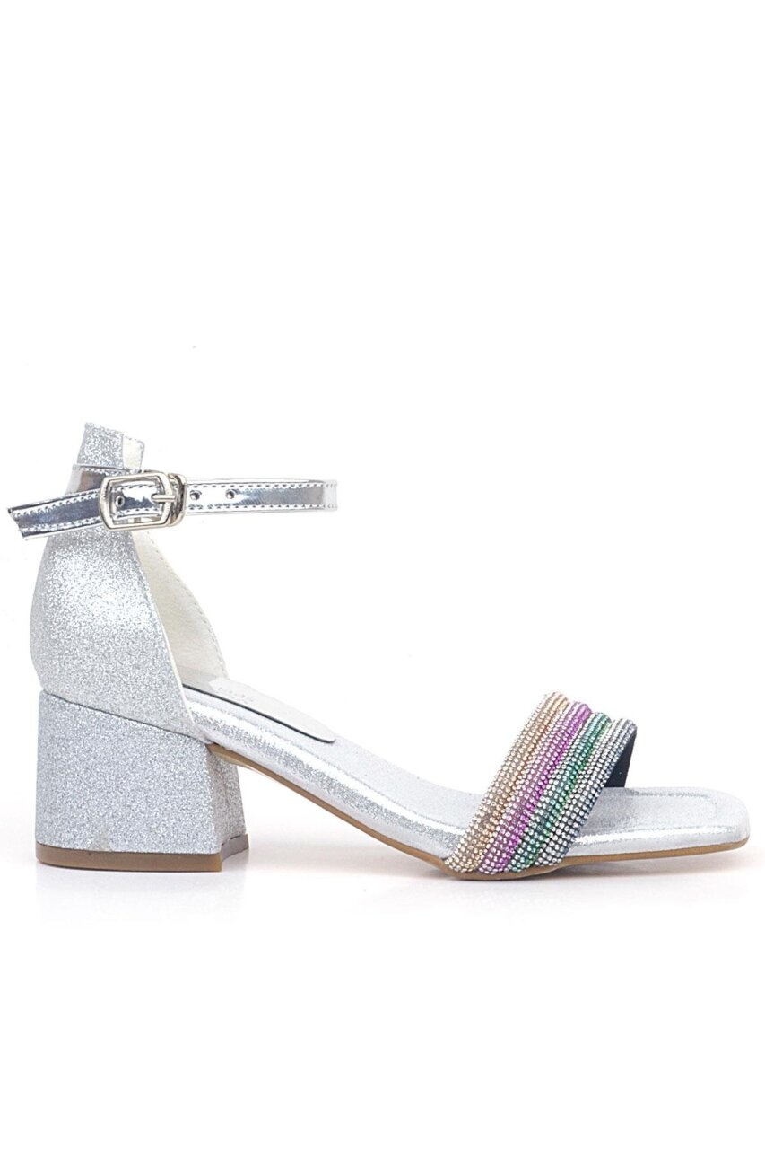 حذاء سهرة بناتي بكعب عالٍ مرصع بأحجار ملونة فضية - 2
