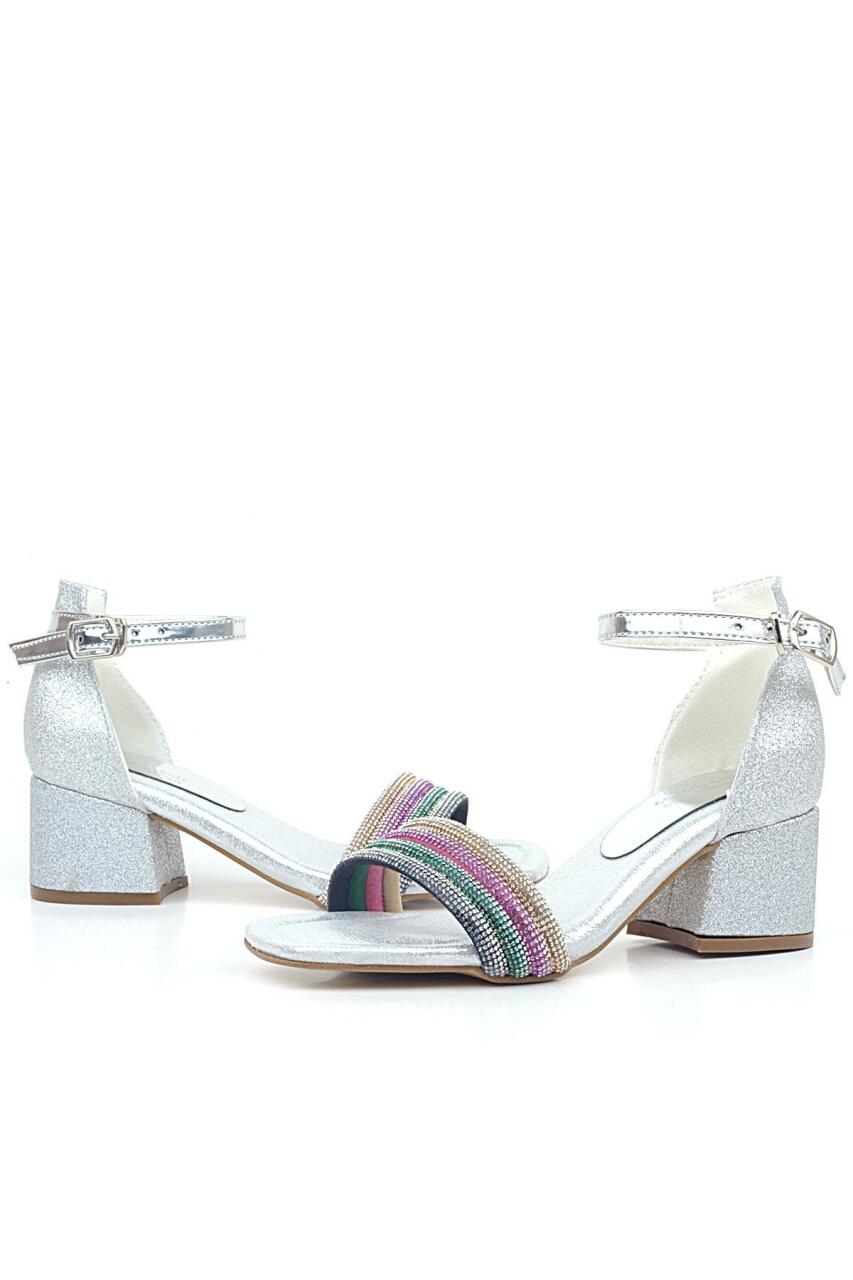 حذاء سهرة بناتي بكعب عالٍ مرصع بأحجار ملونة فضية - 5