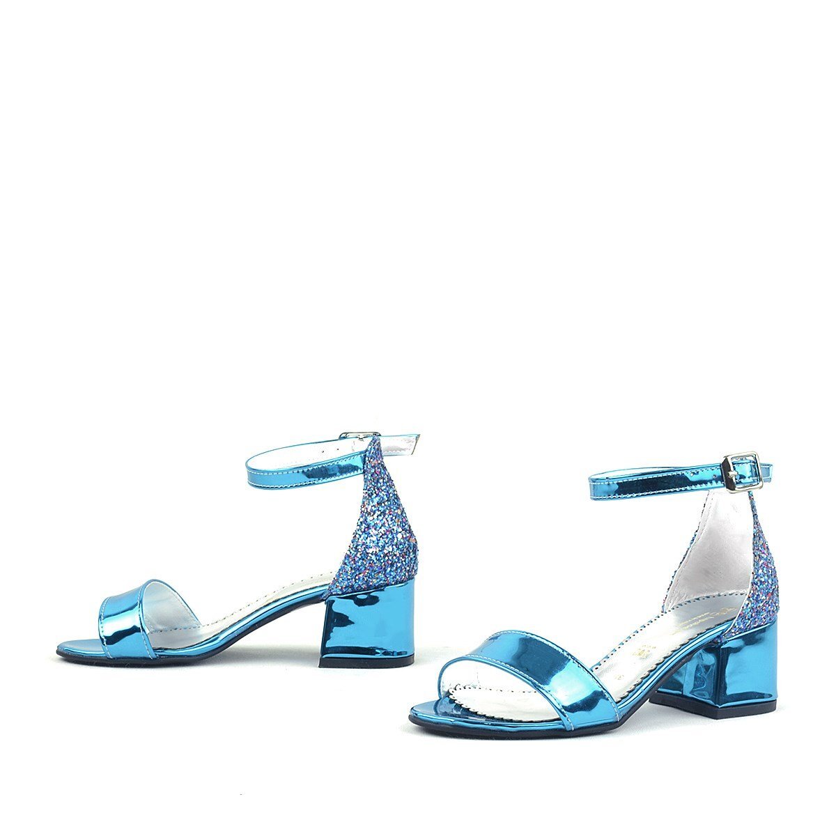 Elsa Mavi Rugan Simli Kalın Topuklu Kız Çocuk Abiye Ayakkabı - 6