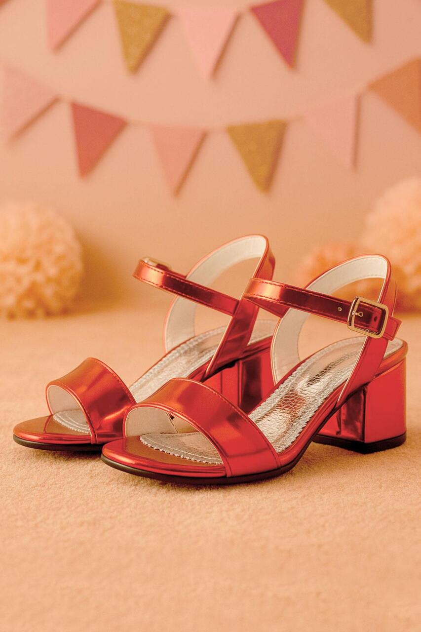 حذاء سهرة بناتي بكعب سميك ومرايا باللون الأحمر - 1