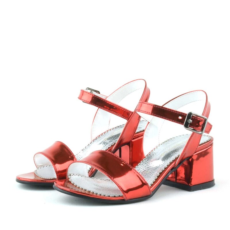 حذاء سهرة بناتي بكعب سميك ومرايا باللون الأحمر - 5