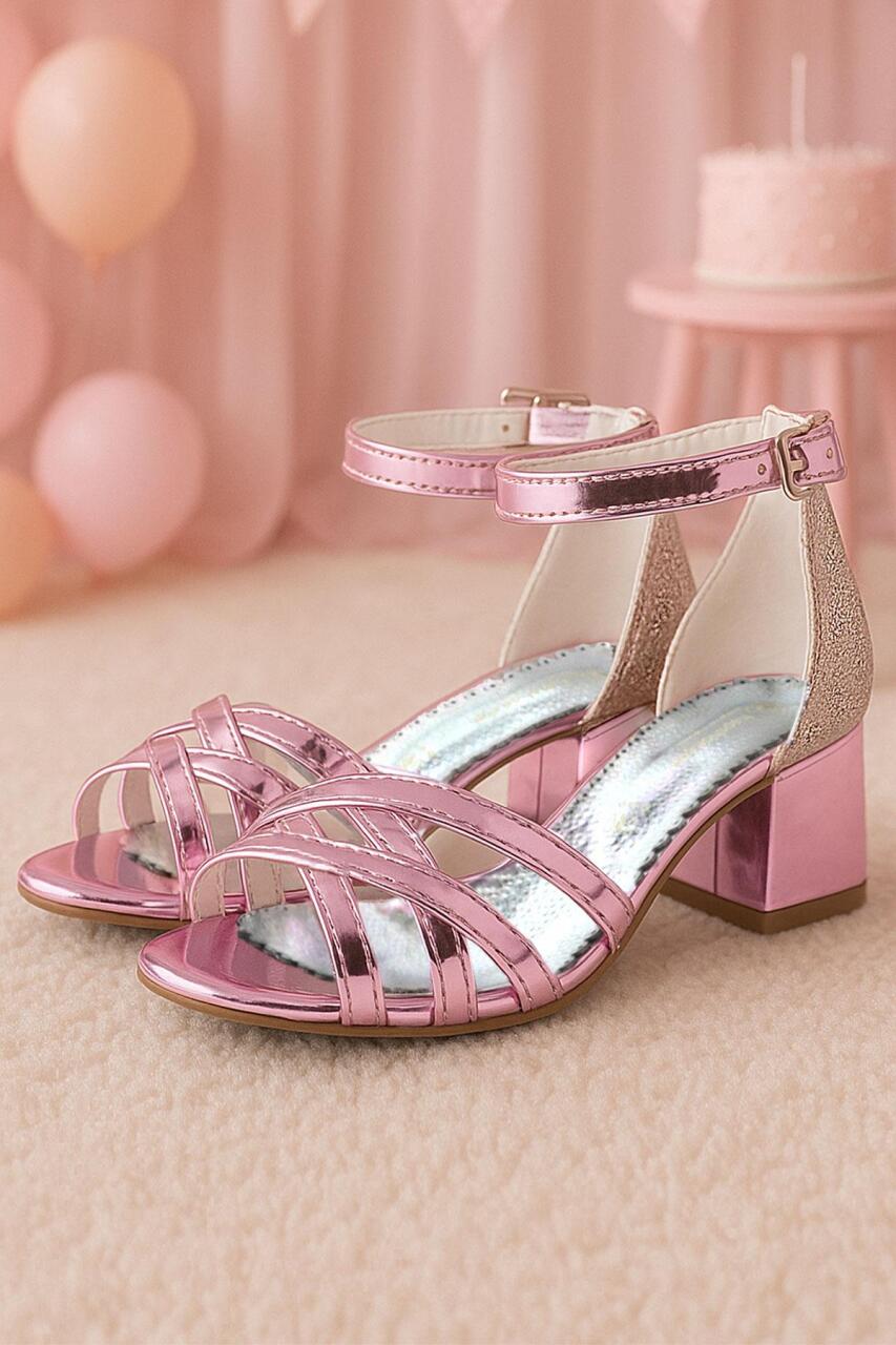 حذاء سهرة بيل بينك بكعب سميك ومرايا للبنات - 1