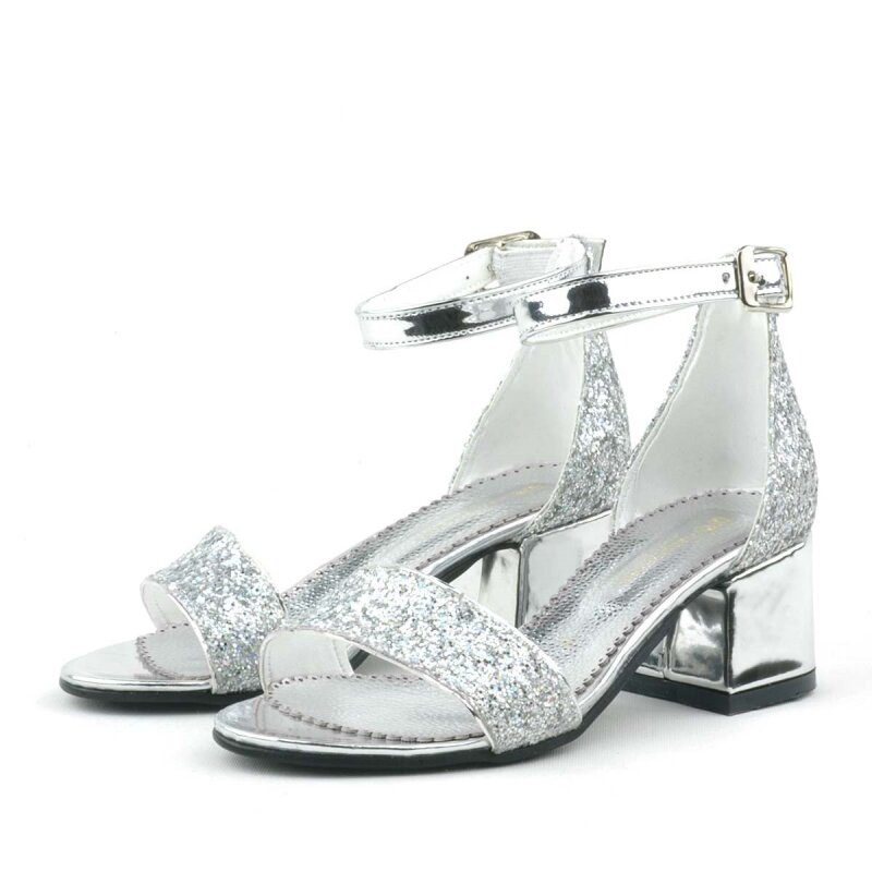 Elsa Gümüş Simli Kalın Topuklu Tek Bant Kız Çocuk Abiye Ayakkabı - 5