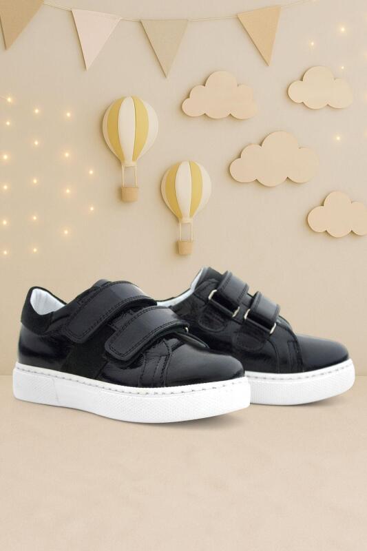 Hakiki Deri Parlak Siyah Cırt Cırtlı Kız Çocuk Spor Ayakkabı - hapshoe kids