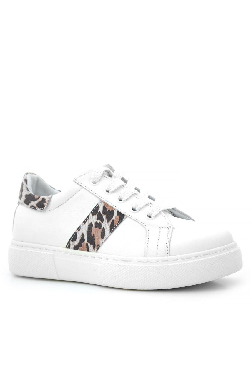 Hakiki Deri Beyaz Bağcıklı Leopar Desenli Kız Çocuk Spor Ayakkabı - 1