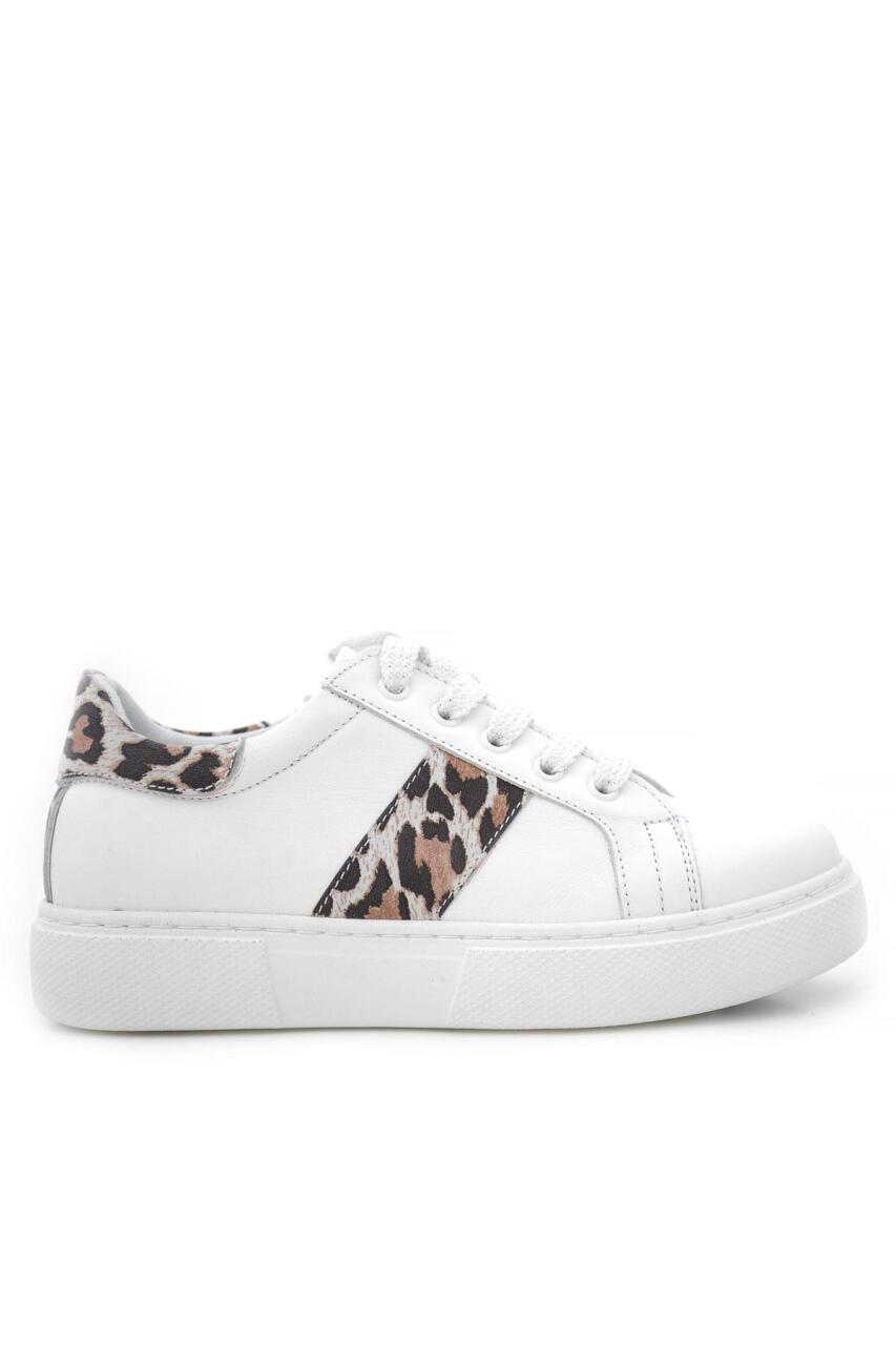 Hakiki Deri Beyaz Bağcıklı Leopar Desenli Kız Çocuk Spor Ayakkabı - 2