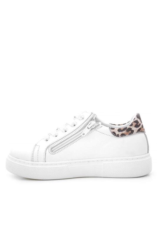 Hakiki Deri Beyaz Bağcıklı Leopar Desenli Kız Çocuk Spor Ayakkabı - 4