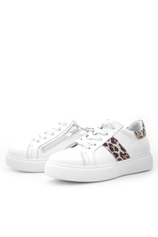 Hakiki Deri Beyaz Bağcıklı Leopar Desenli Kız Çocuk Spor Ayakkabı - 5