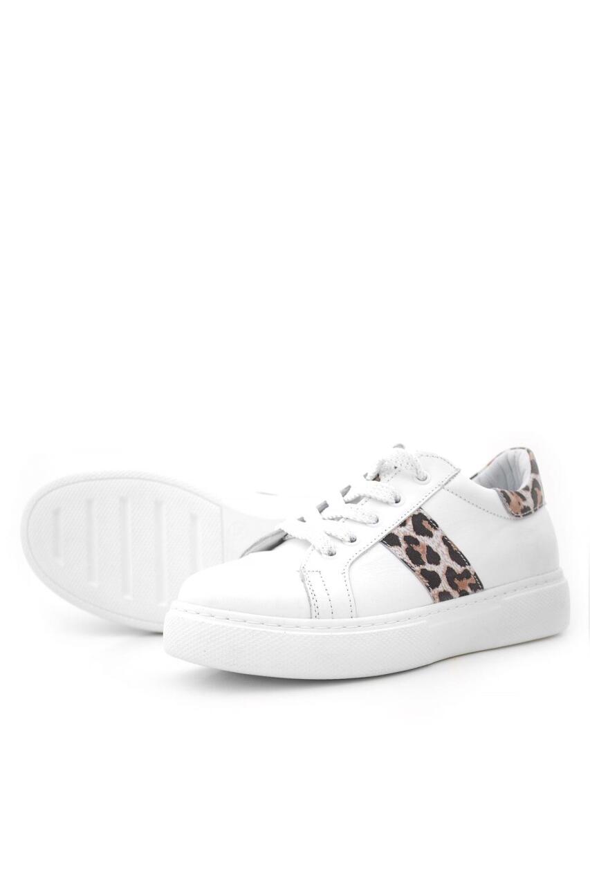 Hakiki Deri Beyaz Bağcıklı Leopar Desenli Kız Çocuk Spor Ayakkabı - 6