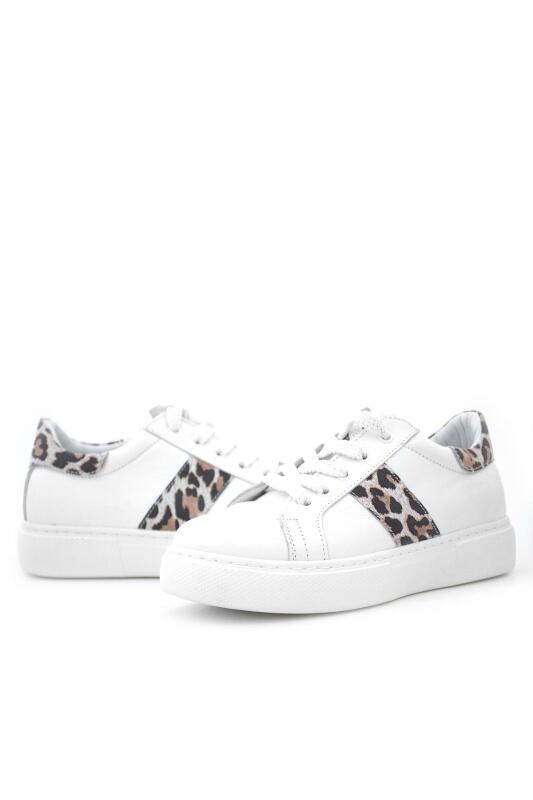 Hakiki Deri Beyaz Bağcıklı Leopar Desenli Kız Çocuk Spor Ayakkabı - 7