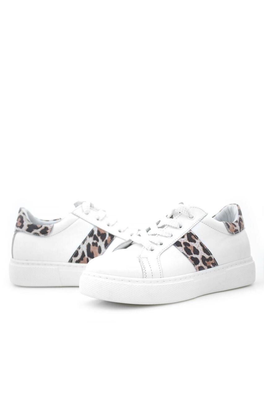 Hakiki Deri Beyaz Bağcıklı Leopar Desenli Kız Çocuk Spor Ayakkabı - 7