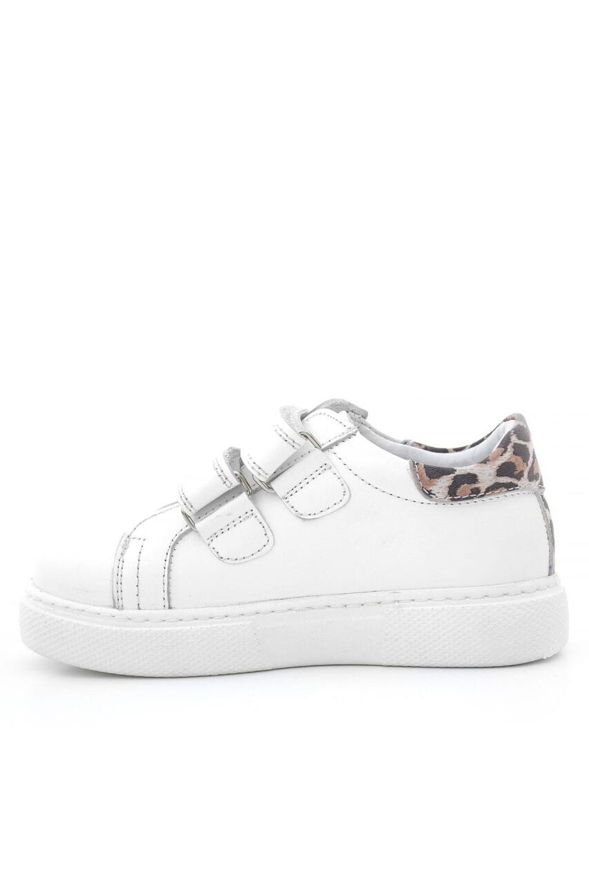 Hakiki Deri Beyaz Cırt Cırtlı Leopar Desenli Kız Çocuk Spor Ayakkabı - 3