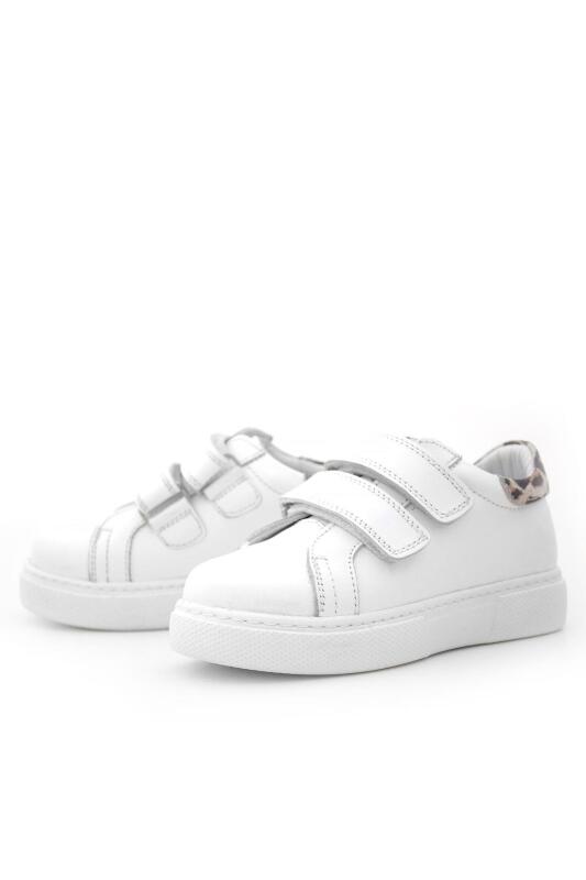 Hakiki Deri Beyaz Cırt Cırtlı Leopar Desenli Kız Çocuk Spor Ayakkabı - 4