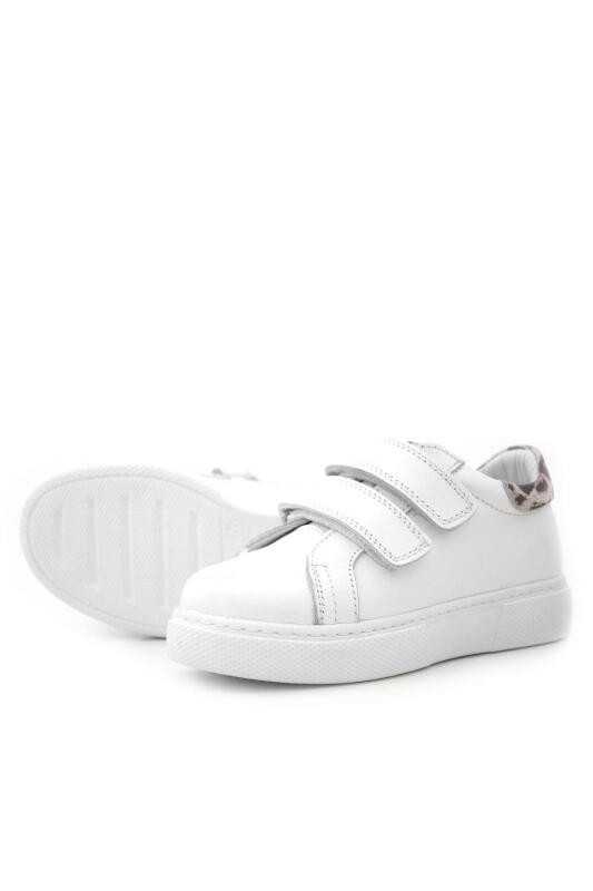 Hakiki Deri Beyaz Cırt Cırtlı Leopar Desenli Kız Çocuk Spor Ayakkabı - 5