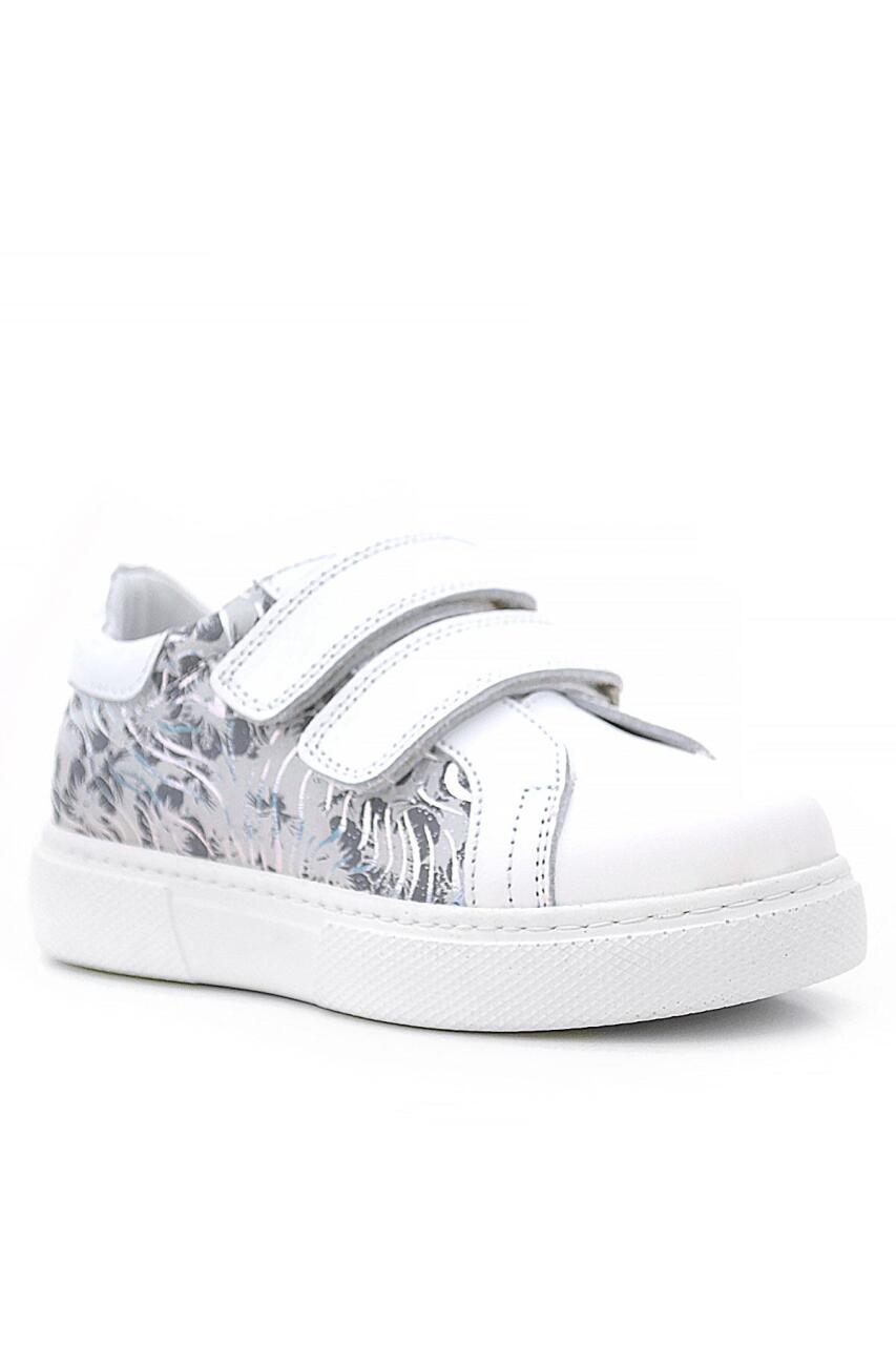 Hakiki Deri Beyaz Cırt Cırtlı Gri Desenli Kız Çocuk Spor Ayakkabı - 1