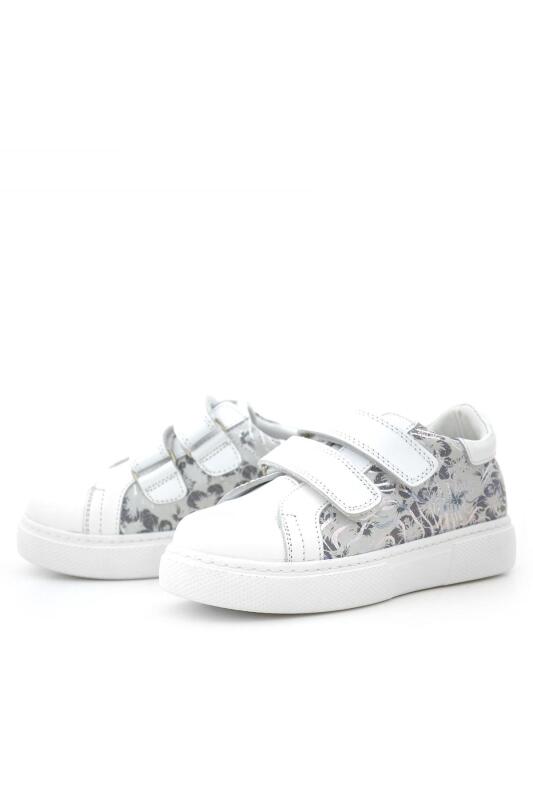 Hakiki Deri Beyaz Cırt Cırtlı Gri Desenli Kız Çocuk Spor Ayakkabı - 4