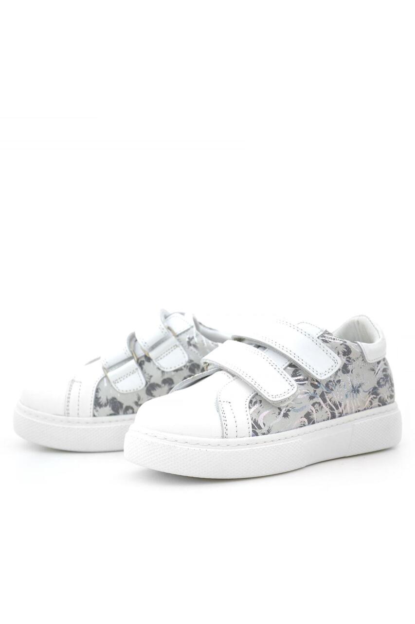 Hakiki Deri Beyaz Cırt Cırtlı Gri Desenli Kız Çocuk Spor Ayakkabı - 4