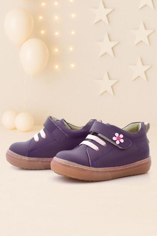 Anatomik Hakiki Deri Yumuşak Mor Çiçekli Cırtlı Kız Çocuk Ayakkabı - hapshoe kids