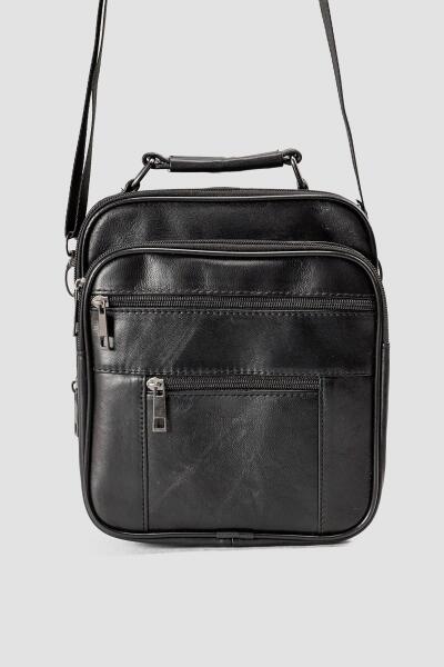 Hakiki Deri Siyah Çok Gözlü Erkek Omuz ve El Çantası - 3