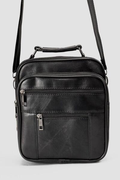 Hakiki Deri Siyah Çok Gözlü Erkek Omuz ve El Çantası - 5