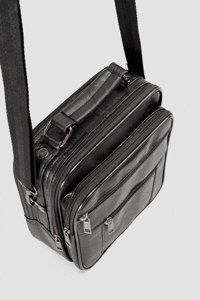 Hakiki Deri Siyah Çok Gözlü Erkek Omuz ve El Çantası - 6