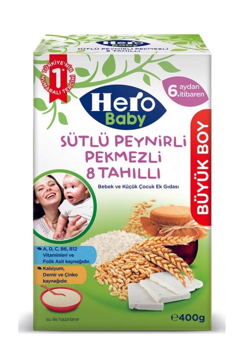 Hero Baby Sütlü 8 Tahıllı Peynirli Pekmezli Ekonomik Paket Kaşık Mama 400 Gr - 1