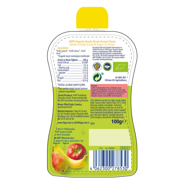 Hipp Organik Muzlu Elmalı Armutlu Meyve Püresi 100 Gr - 2